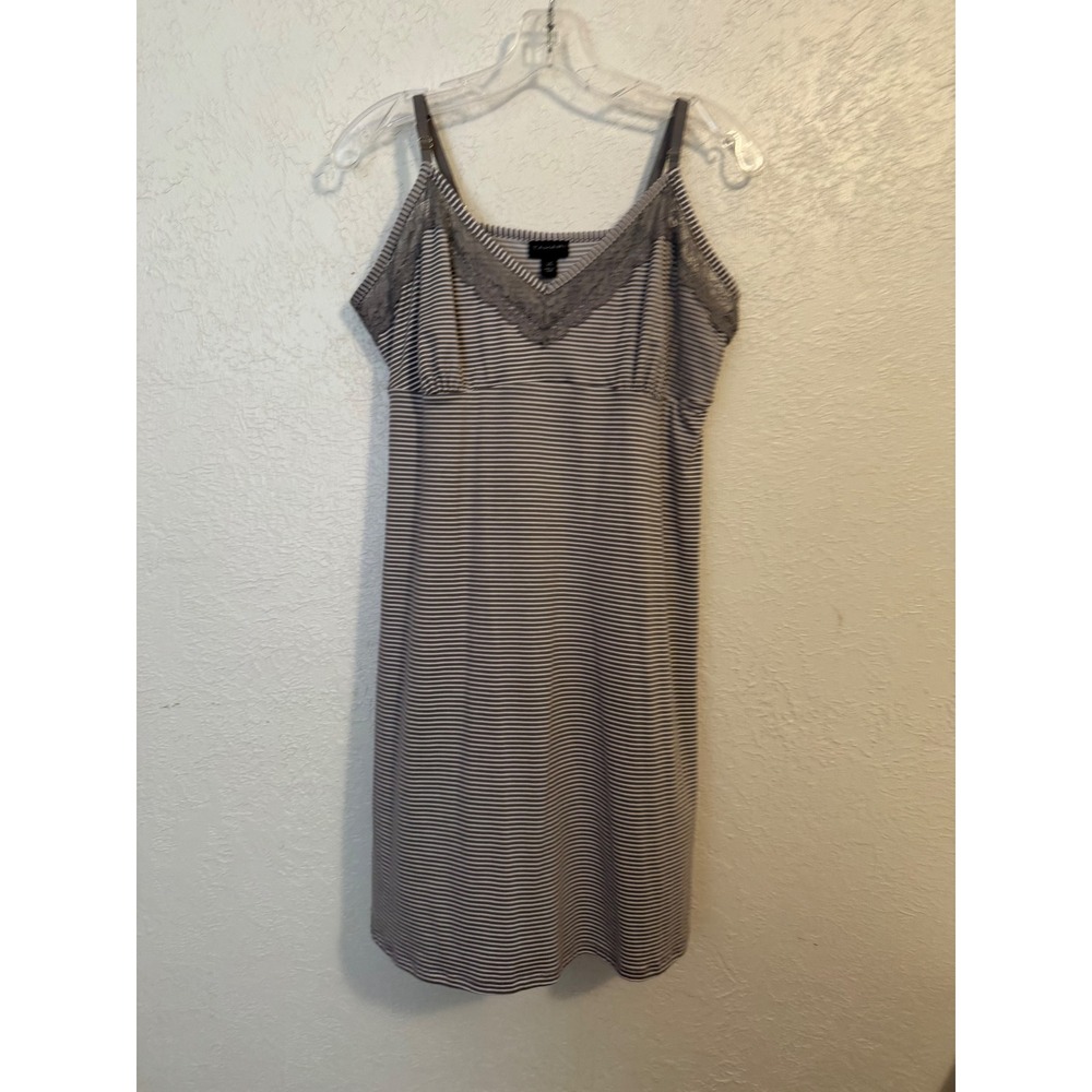 Tahari Womens Grey White Striped Lace Trim Nightgown Sleep Dress L Sleepwear